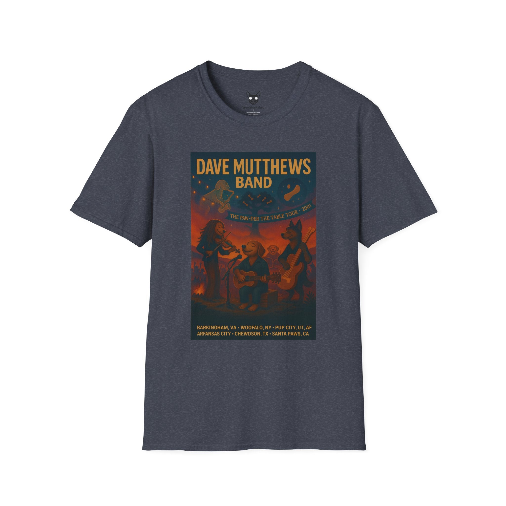 Dave Matthews Band Concert Poster Dog Parody Unisex Softstyle T-Shirt -- Funny Dog Concert Tee for Music and Dog Lovers